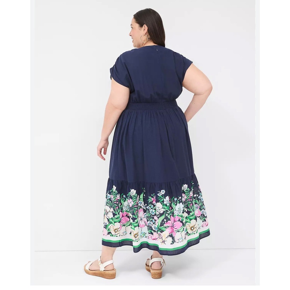 Lane Bryant Navy Blue Floral Border Print Cotton Midi Dress 20P Surplice‎ V-Neck